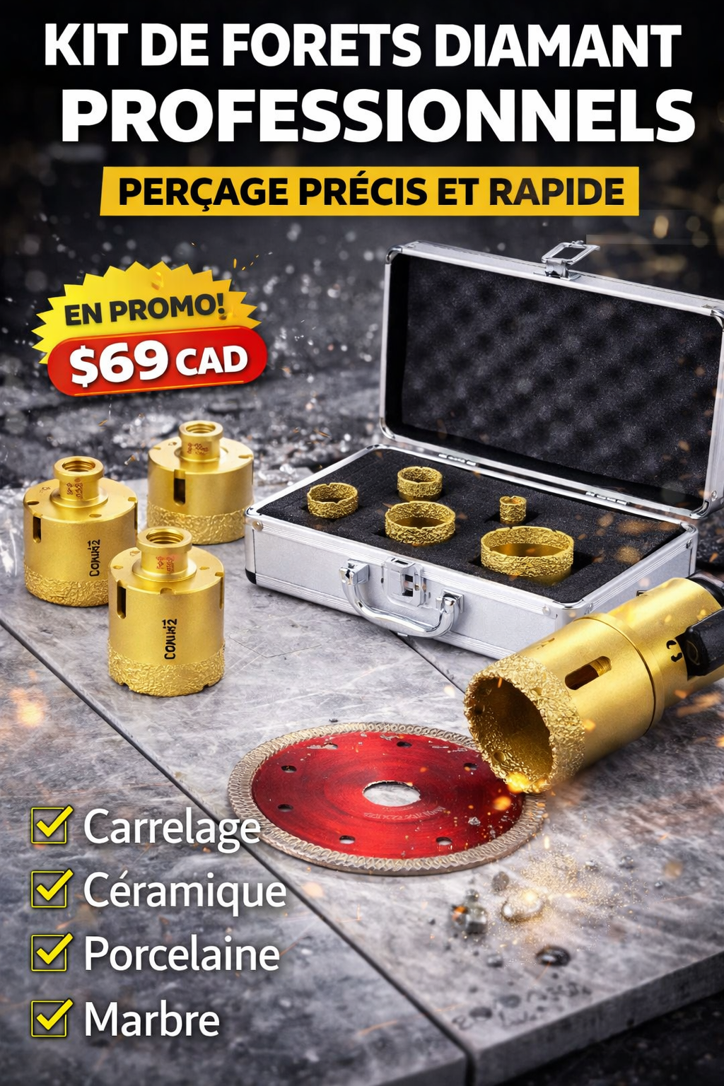 Kit de forets diamant professionnels (5 pièces) – Perçage rapide et précis du carrelage, céramique, porcelaine et marbre, sans éclats