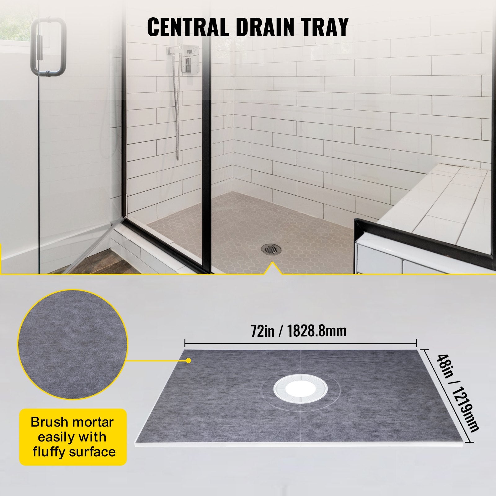 Base de douche 48''X72'' tout-en-un avec étanchéité intégrée et drain inox. Pour une installation fiable et durable.