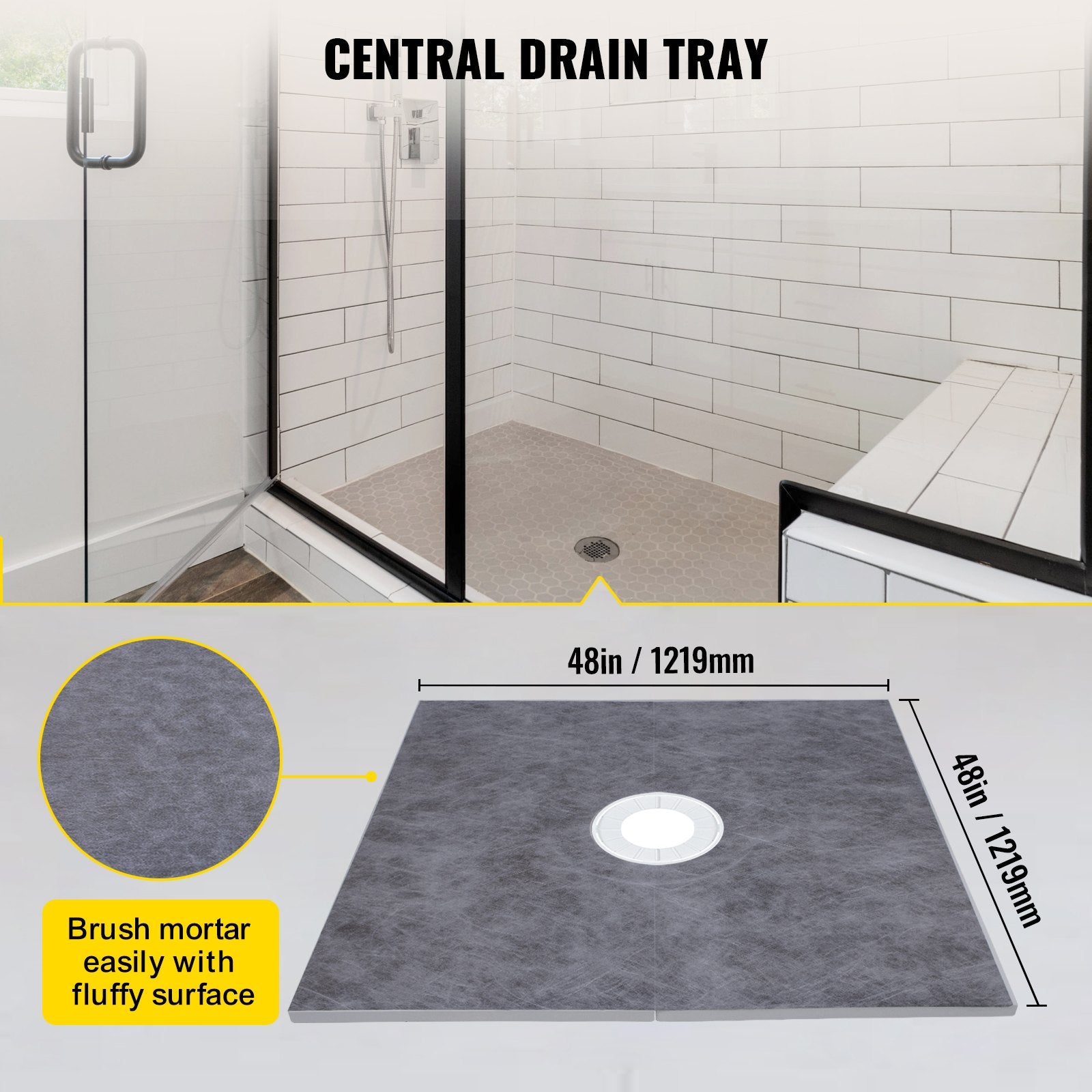 Base de douche 40" x 40" tout-en-un avec étanchéité intégrée et drain inox pour une installation fiable et durable.